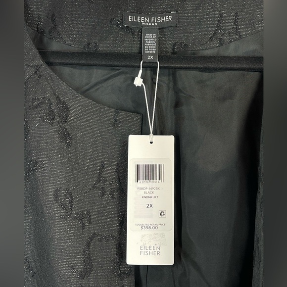NWT EILEEN FISHER Jacquard‎ Embroidered Open Front Black Shimmer Blazer Size 2X - Picture 8 of 12